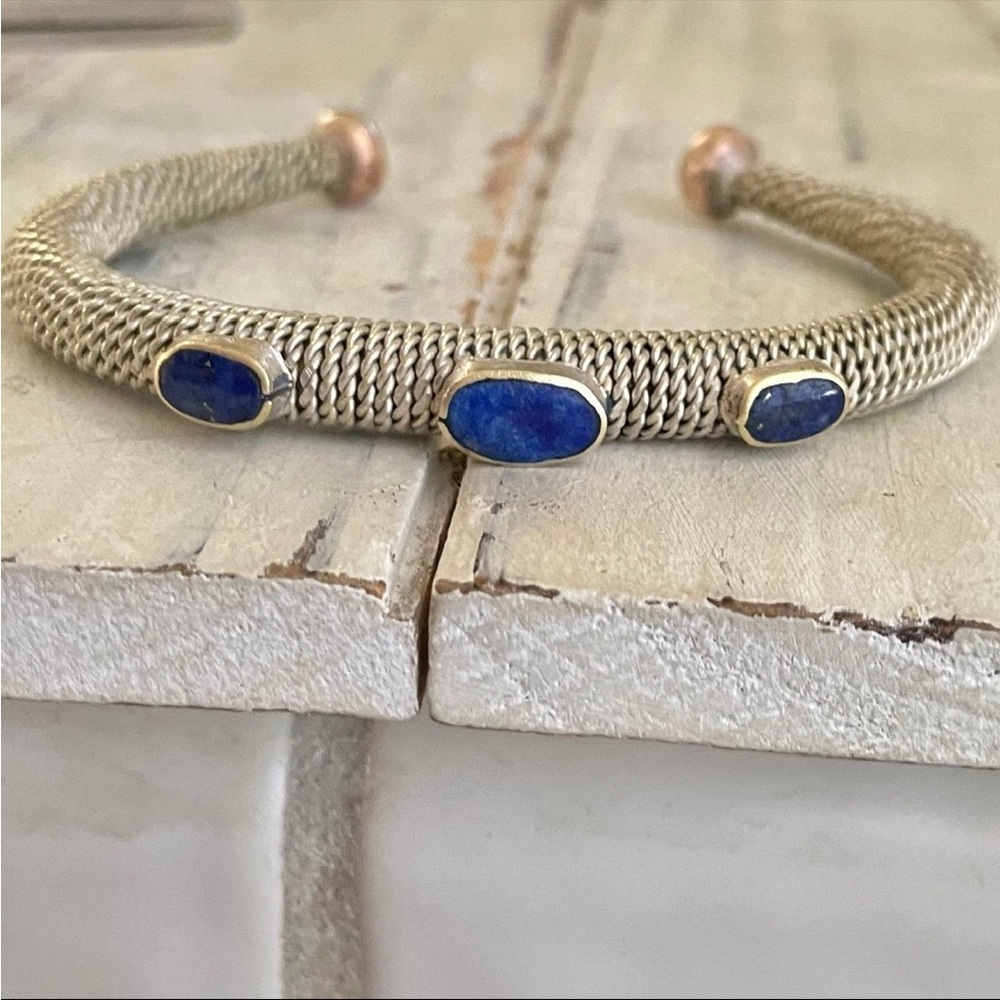 Vintage heavy bronze & brass lapis lazuli mesh bangle